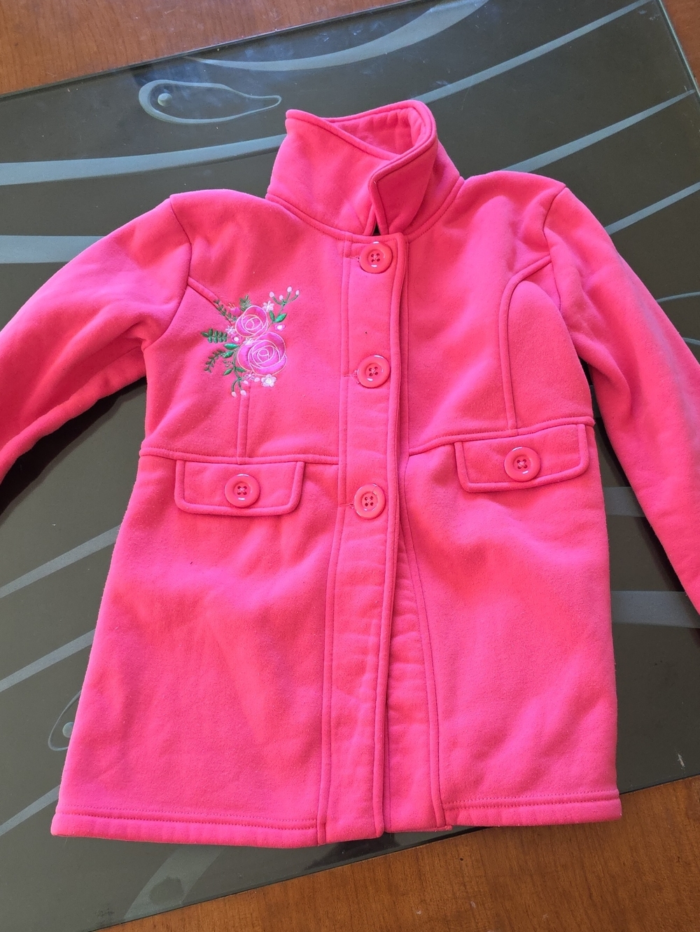 Unik Hot Pink Girls' Floral Embroidered Pea Coat